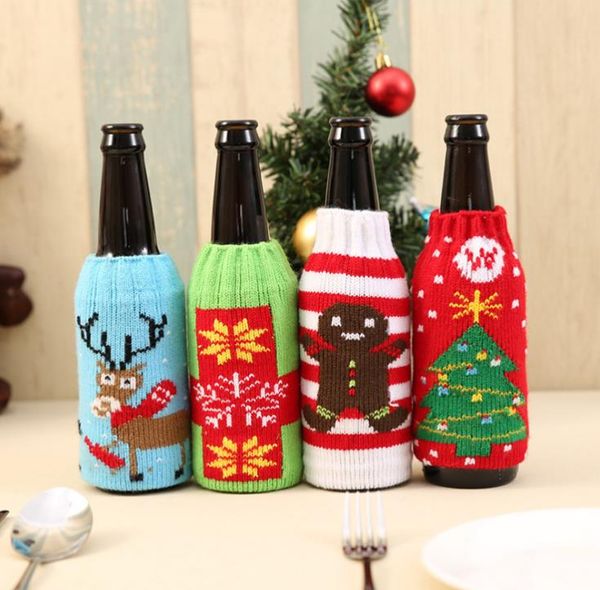 Weihnachten gestrickte Weinflaschenabdeckung Partybevorzugung Weihnachten Bier Weine Taschen Santa Snowman Moose Bierflaschen Abdeckungen Großhandel SN5686