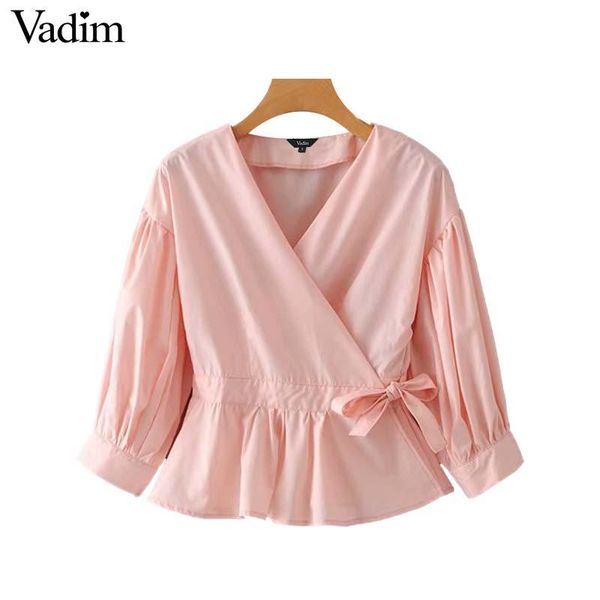 

women's blouses & shirts vadim women sweet v neck wrap blouse cross design bow tie lantern sleeve pleated shirt female white pink cute