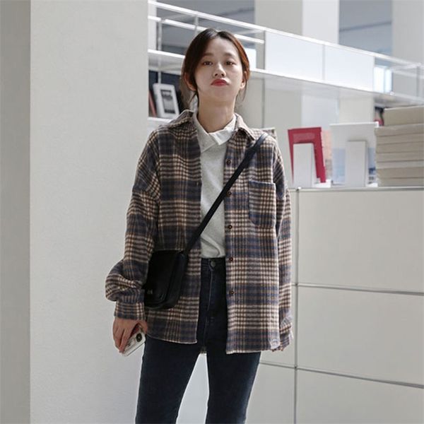 

winter women vintage oversized woolen shirt plaid print thick blouse korean style turn down collar buttons casual warm coat 210603, White