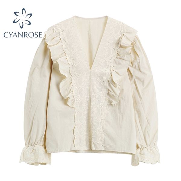 

french vintage blouse shirt women fashion pullover ruffle v neck blusas ladies elegant lantern long sleeve ulzzang female 210430, White