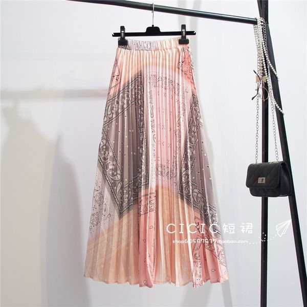 

[ewq] high waist elastic elegant faldas abstract printed pleated skirt summer color matching checkered satin embossed 6w715 210423, Black
