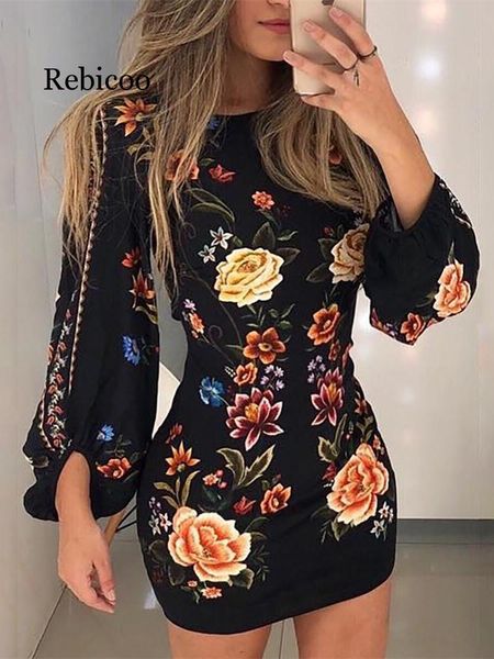 

casual dresses elegant fashion women slim fit leisure bodycon mini dress female cutout back bishop sleeve floral, Black;gray