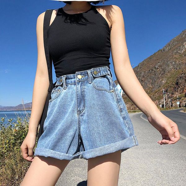 

women's shorts 2021 summer loose denim short jeans student all-match adjustable waist wide leg, White;black