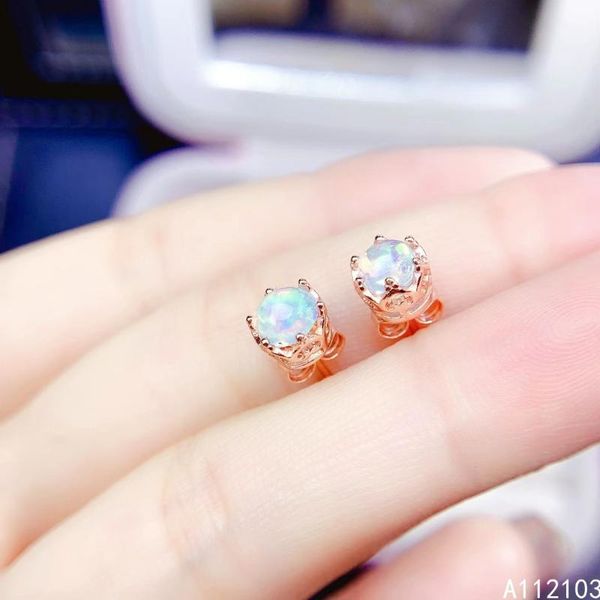

sterling silver inlaid natural opal girls' simple and beautiful chinese style round gem earrings support test stud, Golden;silver