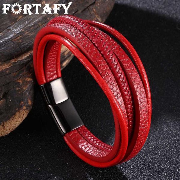 

charm bracelets fortafy trendy red leather men stainless steel multilayer braided rope bangles for male wristband jewelry gifts fr1076, Golden;silver
