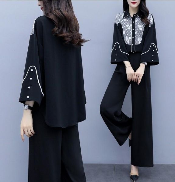 

women's tracksuits 2021 spring summer women chiffon floral flare sleeve shirt wide leg pants sets lady two pieces trouser suits high qu, Gray