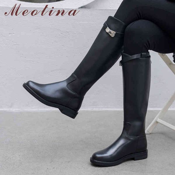 Botas de equitação de outono Mulheres natural genuíno couro liso joelho alto zíper rodada dedo do pé sapatos altos sapatos de inverno tamanho 42 210517