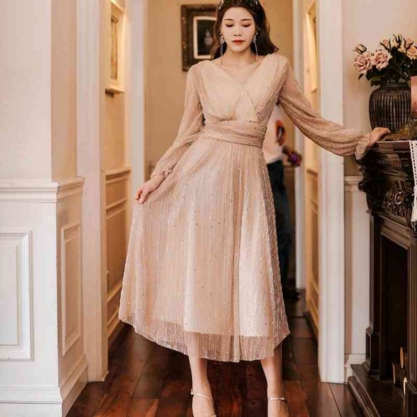 

llzacoosh spring france v neck women shine slim long sleeve female office party casual chic dress vestidos 210514, Black;gray