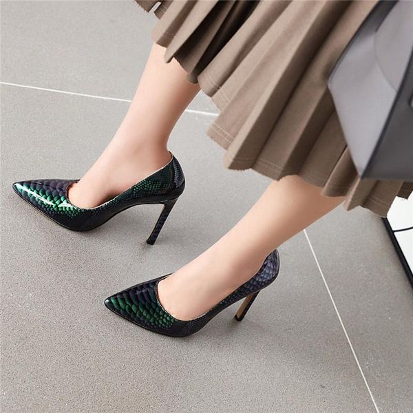 

dress shoes ymechic fashion 2021 patent snake print party ladies heels green black pointed toe super high stiletto heel pumps