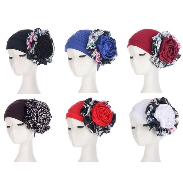 

beanie/skull caps 2021 fashion rose flower stretchy beanie scarf hat wrinkle turban bonnet cap for women high elasticity muslim hats, Blue;gray
