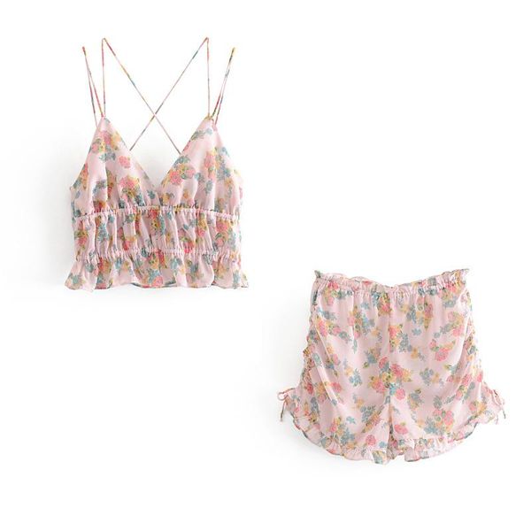 

two piece dress 2pcs summer vintage floral print women fashion sweet strap lace up ruffle crop backless hollow out camis + shorts l, White