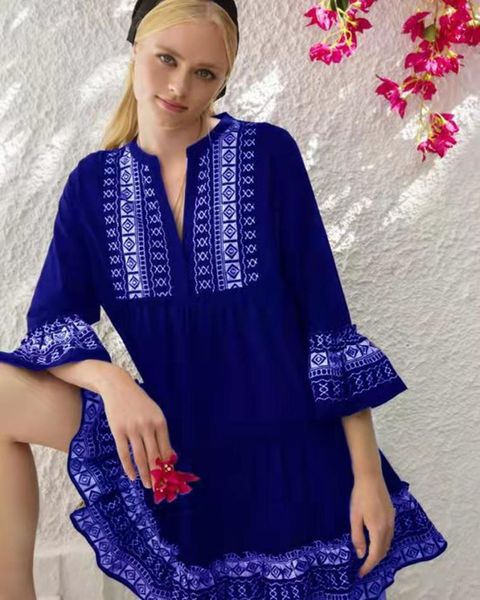 

casual dresses women dress style contrast color v-neck pullover 3/4 petal sleeve with printed lotus leaf summer 2021, Black;gray