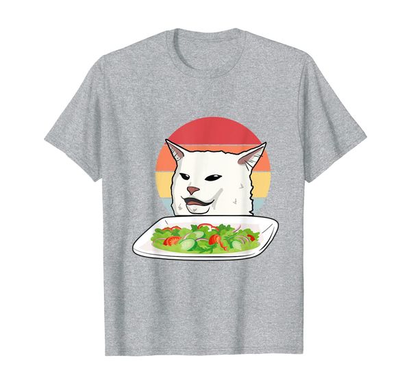 

angry women yelling at confused cat at dinner table meme t-shirt, White;black