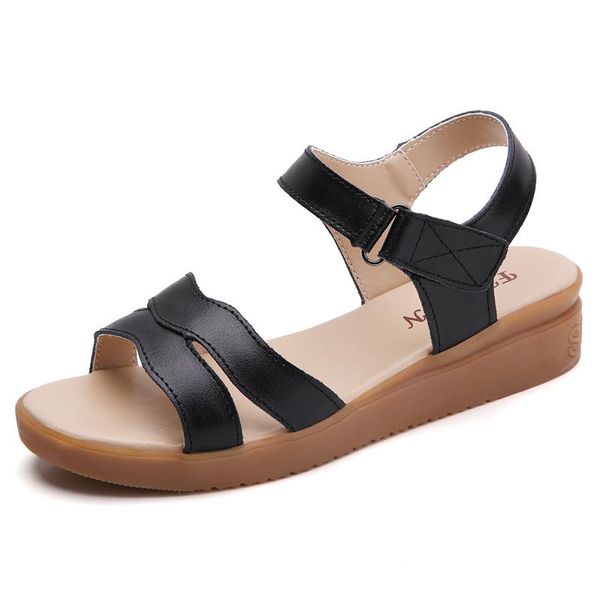 

sandals women summer shoes lady wedges fashion hook & loop genuine leather comfortable casual platform female footwear, Black