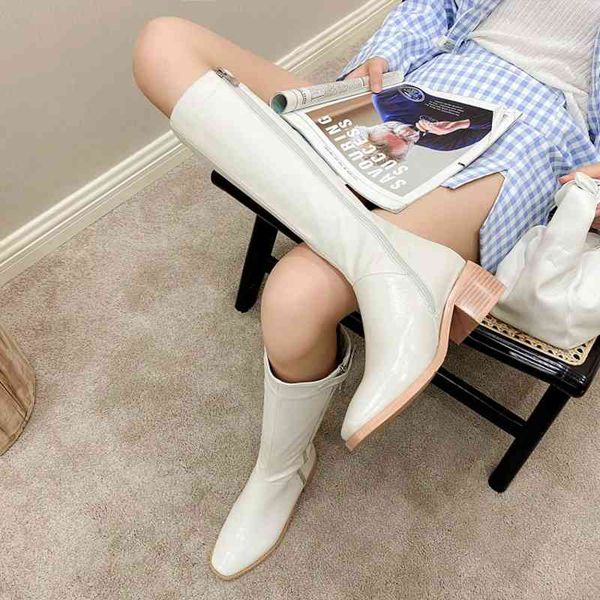 

winter knee-high women's boots square toe thick heel side simple solid color knight beige for woman black 210507