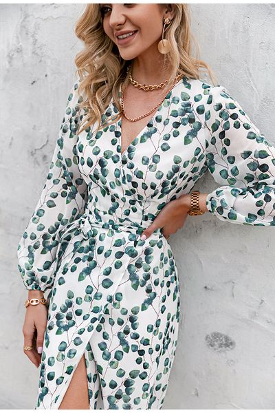 Frauen drucken lange kleid frau sleeve v-neck sexy kleider weibliche sommer kleidung mädchen frühling mode kleidung 2021