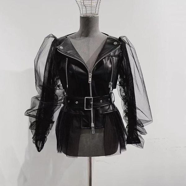 

women's leather & faux women autumn jacket genuine sheep coats with lace sleeve slim style fashion turn down female clothing real, Black