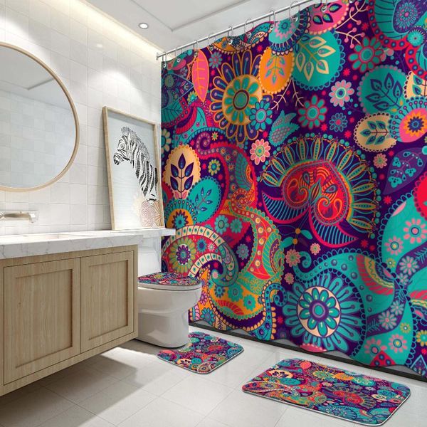 

shower curtains 4 pcs curtain set for bathroom ,bohemian retro thickened bright color fabric mandala with hooks,waterproof