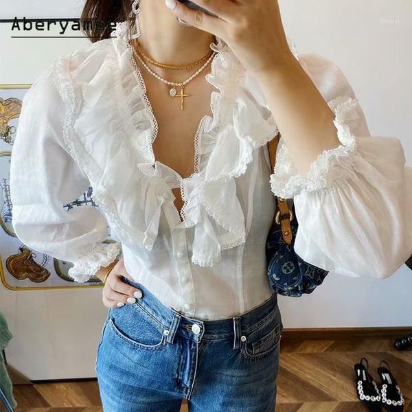 

women's blouses & shirts aberyamee elegant white shirt woman v ruffles neck buttons up lantern smocked sleeve casual lace pleated cloth