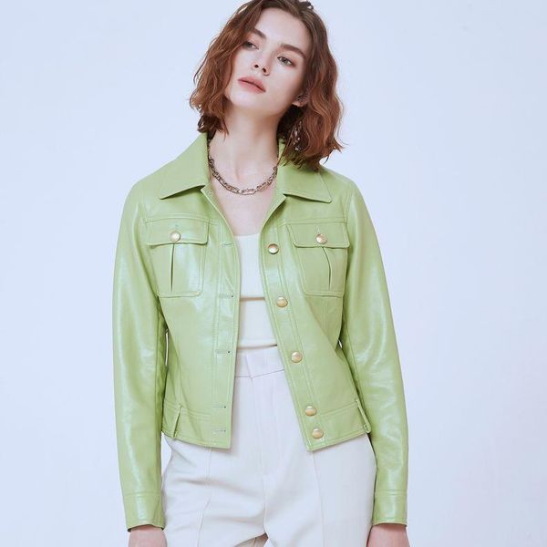 

women's leather & faux spring autumn retro bright color short jacket metal buttons full sleeve slim pu coat outerwear 2021, Black