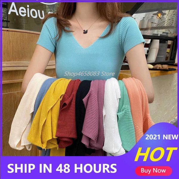 

summer v neck womens t shirt slim short sleeves knitted ribbed pullover soft hollow out, White