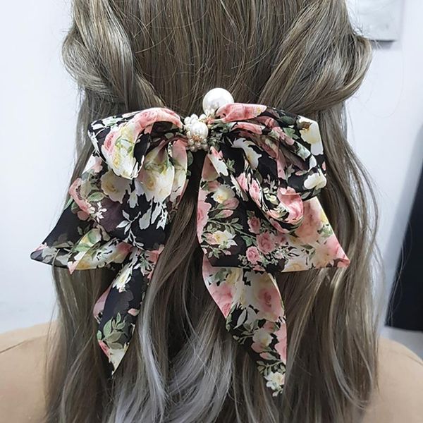 

hair accessories chiffon tie printting flower bowknot clip pearl ornament spring hairpin fashion floating girl vintage