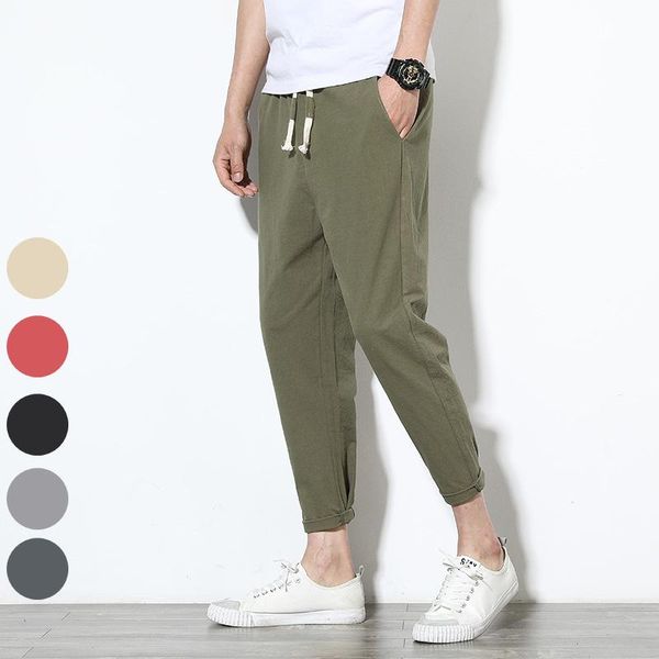 

spring summer men polyester cotton casual pencil pants large size thin ankle-length slim breathable joggers trousers men's, Black