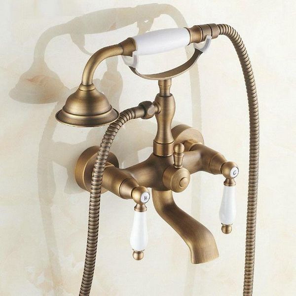 

luxury antique brass finished dual ceramics handles clawfoot tub filler wall mount bathtub shower mixer tap atf152 bathroom sets