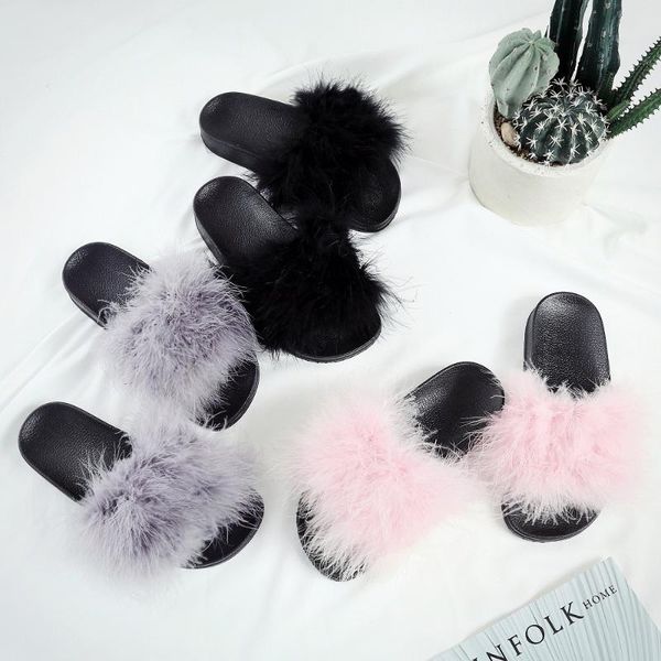

slippers women spring plush feather furry sandals ladies shoes fluffy flip flops grey women's, Black
