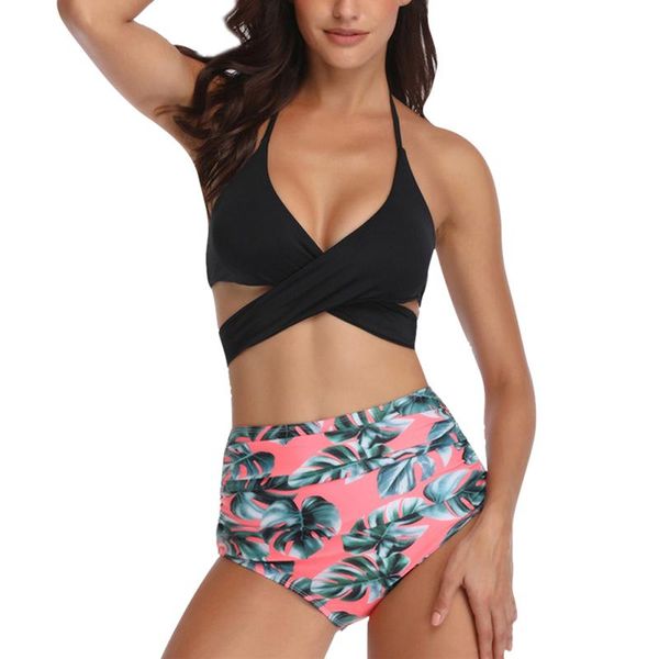 

bras sets 2021 women summer bikini set bandage halter floral printed dot deep v neck backless swimwear bra high waist suit, Red;black