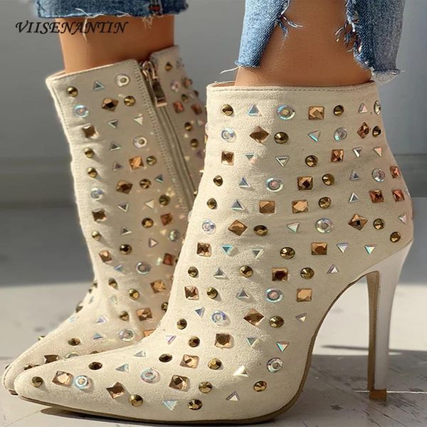 

boots women's fashion all-match pointed toe stilettos side zipper i customized sparkling rhinestone short, Black