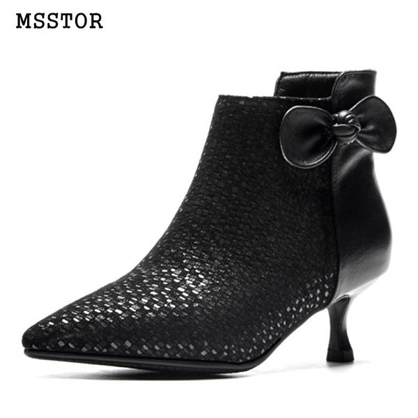 

boots msstor butterfly-knot leather women fashion plus size plush party autumn winter black pointed toe ankle