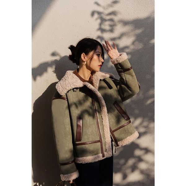 

women's leather & faux luckyyy the 2021 lambs wool coat female autumn/winter fur one cloth thick brief paragraph, Black