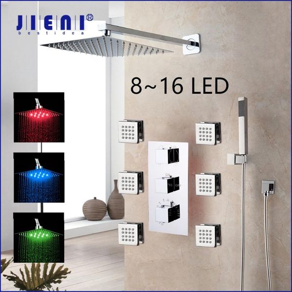 

rainfall led chrome polished bathroom shower faucet thermostatic valve mixer tap w/ 6 message jets set sets