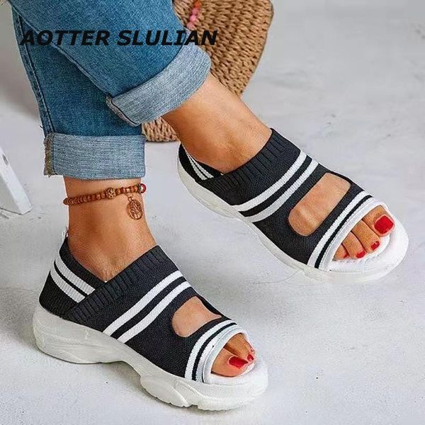 

sandals high heels women flat platform shoe summer casual female sneaker knitting slip on peep round toe feminina slides, Black