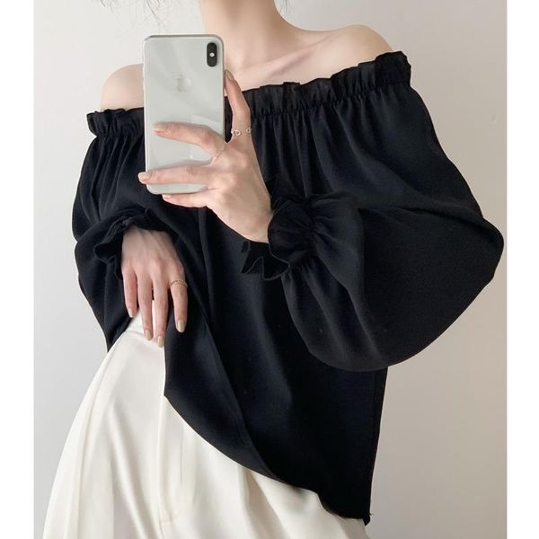 

women's blouses & shirts super fairy black shirt one shoulder collar chiffon long sleeve collarbone exposed korean loose ruffle female, White