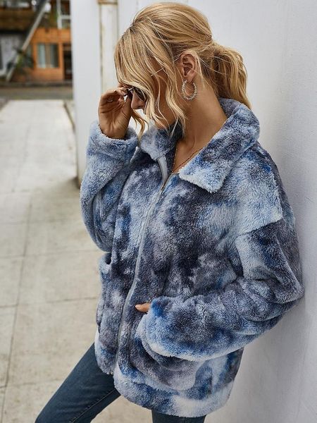 

women's jackets autumn winter fashion trend tie-dye eco-friendly fur short cashmere cardigan casual pocket zipper long sleeve colorful, Black;brown