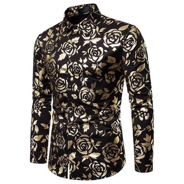 

men autumn bronzing flower golden rose printed long sleeve dress shirt wedding party slim stage performance singer shirts 210721, White;black