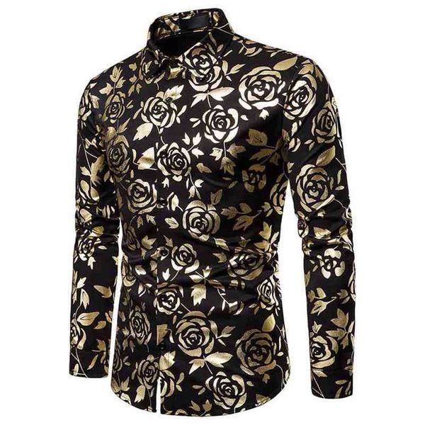 Homens Outono Bronzing Flor Dourado Rosa Impresso Manga Longa Camisa De Casamento Festa Slim Stage Desempenho Cantor Camisas 210721