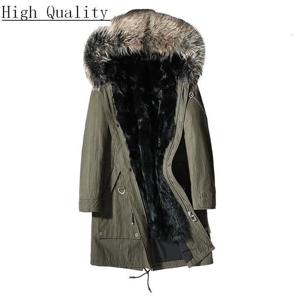 

men's leather & faux parka real fur men winter jacket long coat raccoon collar kid lamb casual plus size veste homme hiver kj1568, Black