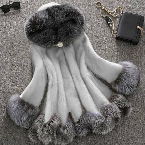 

women's fur & faux winter imitation mink casual coat thick warm ladies mid-length 2021 jakcet, Black