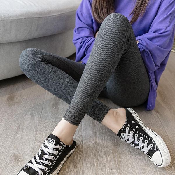 

women's leggings women lace patchwork 2021spring summer skinny stretch pants rib elastic waist comfort all-match simple ladies, Black