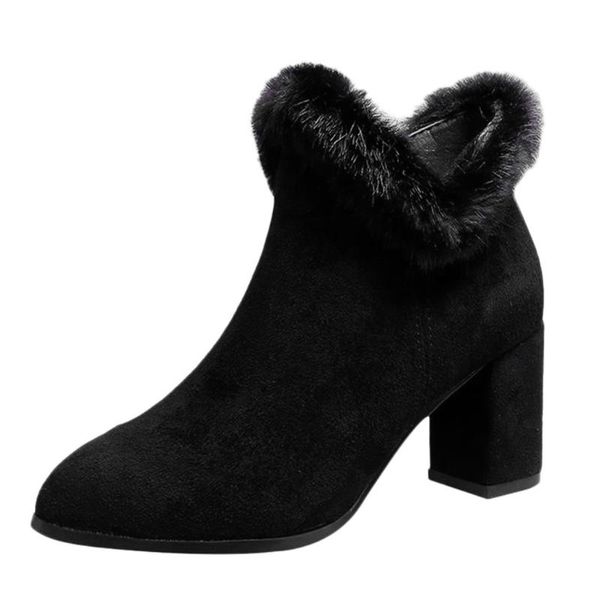 

boots warm fur plush insole shoes woman suede pointed square root tassel ankle ladies side zipper high heeled shoe, Black