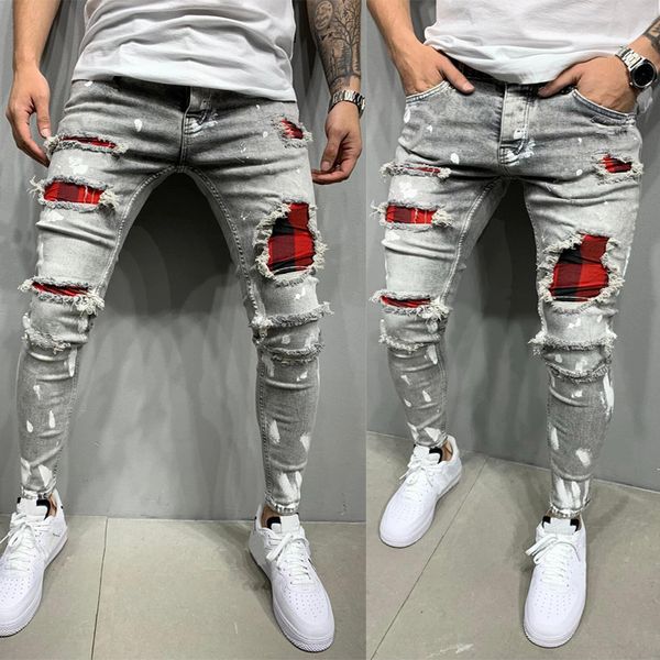 

mens ripped printed patch pants slim jeans personalized stretch kg-146, Blue