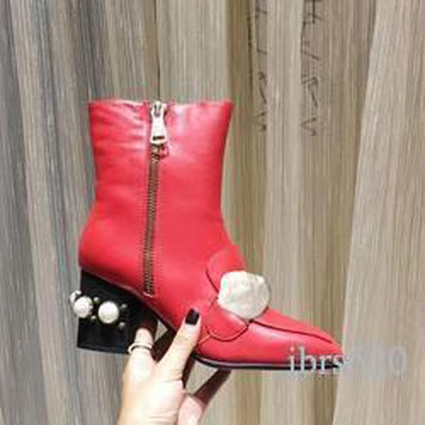 

martin short boots 100% cowhide belt buckle metal zipper women shoes classic thick heels leather designer high heeled fashion pearl lady boo, Black