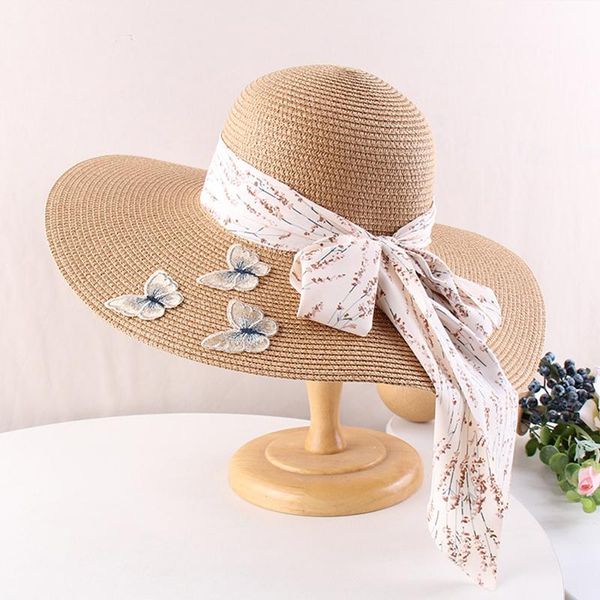 

wide brim hats k214 women's hat korean version of the small fresh summer sun big edge streamer straw holiday beach outdoor, Blue;gray