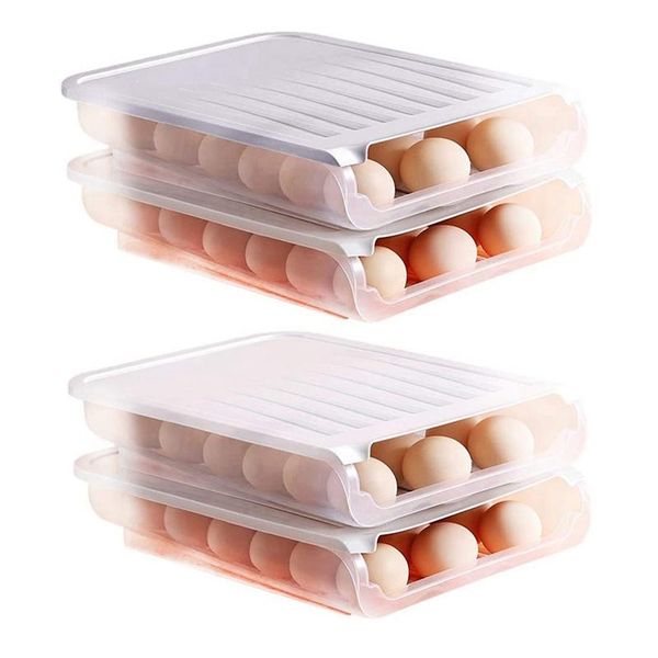 

auto scrolling egg storage holder, eggs rack refrigerate savers plastic space saver gray & white bottles jars