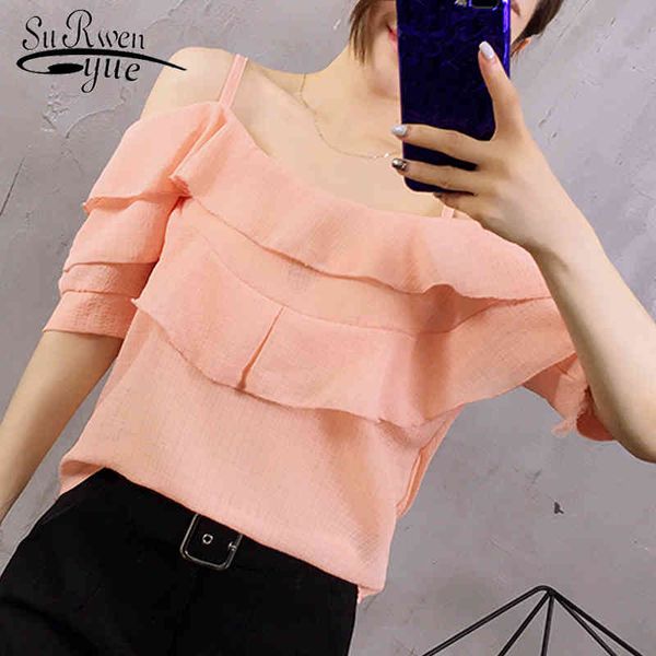 Mode Frauen Kleidung Kurzarm Blusen solide sexy Dame Stil Rüschen süße Chiffon Bluse Shirt Tops 0582 40 210521