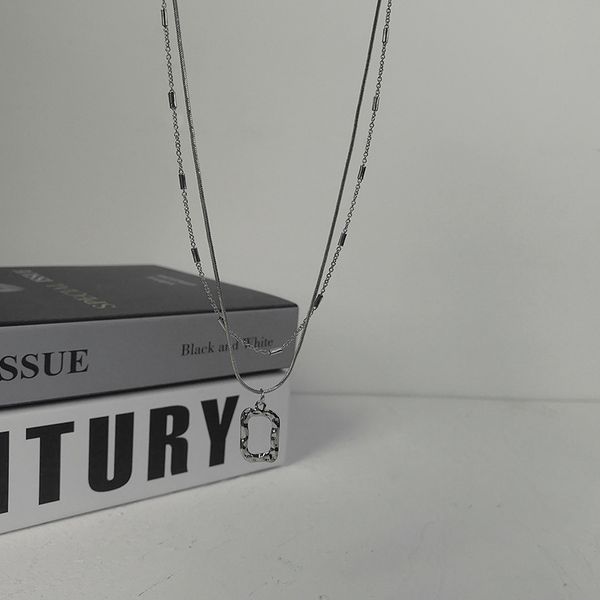 

xianlan092 light luxury niche design double layer wearing square pendant necklace for men and women personality irregular geometri, Silver