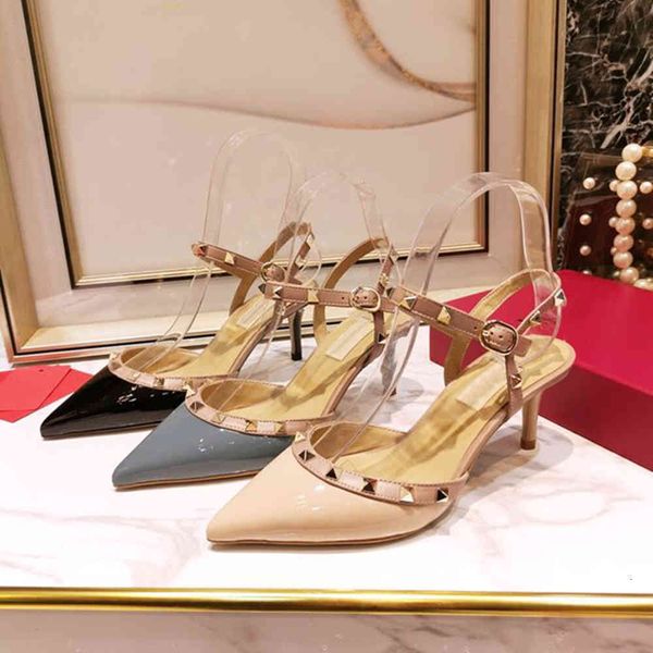 

dress shoes luxury design pointed toe ankle straps women's genuine leather rivet pumps low thin heels sandals 71wd, Black